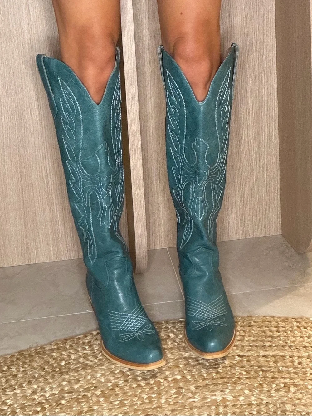 Teal Embroidered Knee-High Western Boots - Women